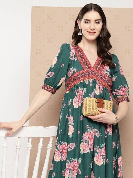 Women Indian Floral Printed Puff Sleeves Empire Ethnic Dress