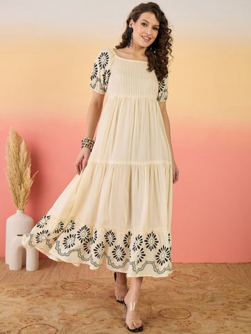 Women Indian Floral Printed Fit & Flare Tiered Maxi Dress