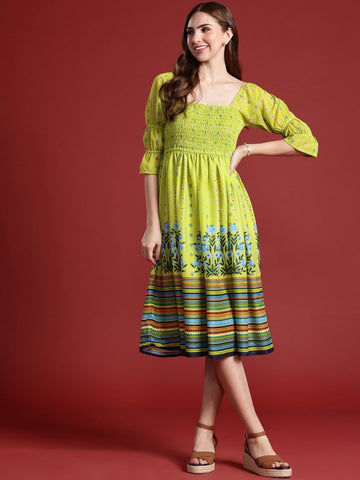 Women Indian Floral Printed Fit & Flared Smocked Indo Western Fusion Dress