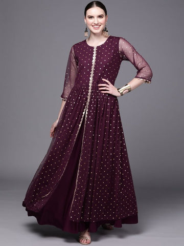 Women Indian Burgundy Polka Dots Fit & Flare Maxi Ethnic Dress