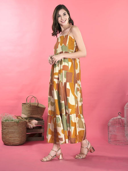 Women Abstract Print Shoulder Straps Sleeveless Layered Maxi Dress