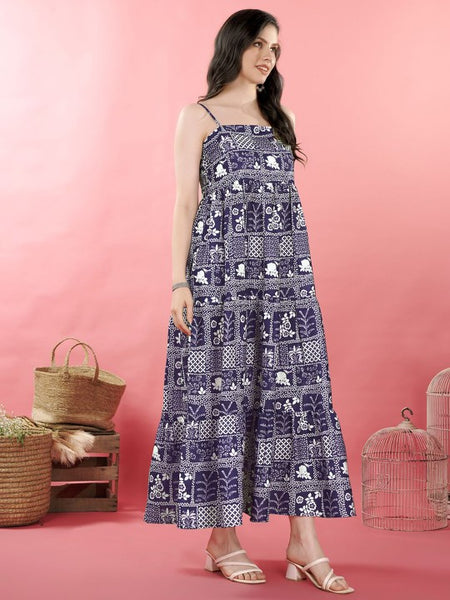 Women Abstract Print Shoulder Straps Sleeveless Layered Indian Maxi Dress