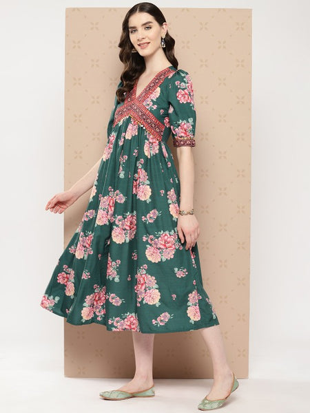 Women Indian Floral Printed Puff Sleeves Empire Ethnic Dress