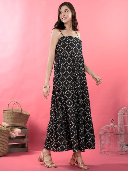Women Abstract Print Shoulder Straps Sleeveless Layered Maxi Dress