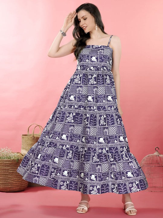 Women Abstract Print Shoulder Straps Sleeveless Layered Indian Maxi Dress