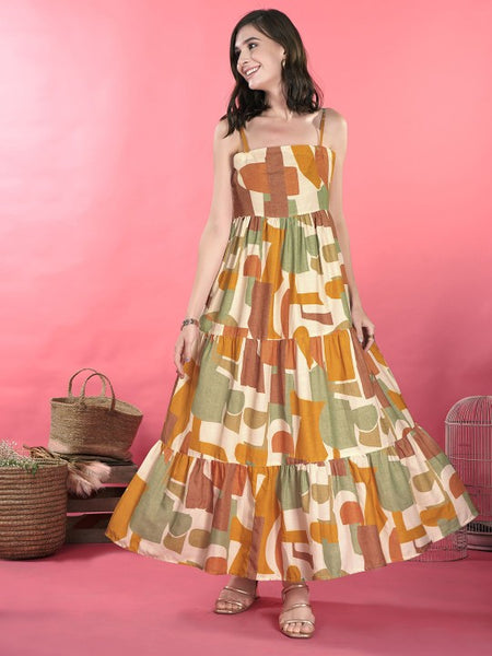 Women Abstract Print Shoulder Straps Sleeveless Layered Maxi Dress
