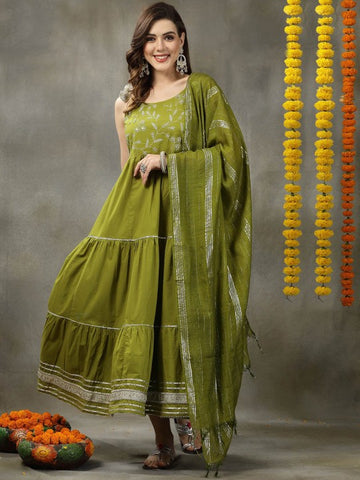 Women Embroidered Indian Maxi Ethnic Dress With Dupatta Indian Fusion Outfit