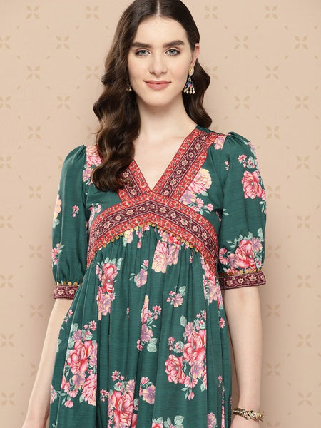 Women Indian Floral Printed Puff Sleeves Empire Ethnic Dress