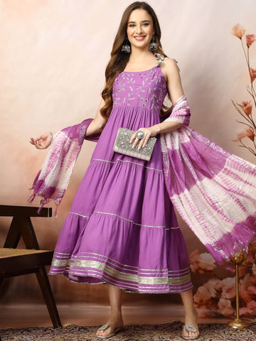 Women Embroidered Indian Maxi Ethnic Dress With Dupatta Indian Fusion Outfit