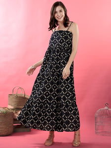 Women Abstract Print Shoulder Straps Sleeveless Layered Maxi Dress