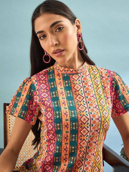 Floral Print Choker Neck A-Line Dress Indian Fusion Dress VitansEthnics