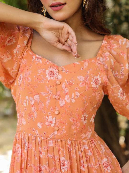 Women Orange Georgette Floral Printed Tiered Dress Indian Fusion Dress VitansEthnics