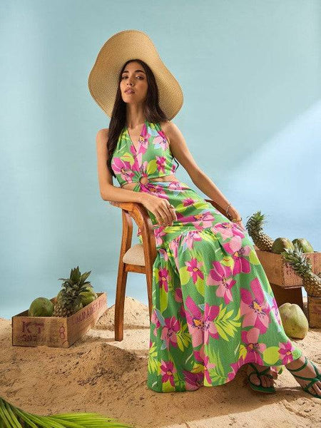 Women Floral Printed A-Line Maxi Dress Indian Fusion Dress VitansEthnics