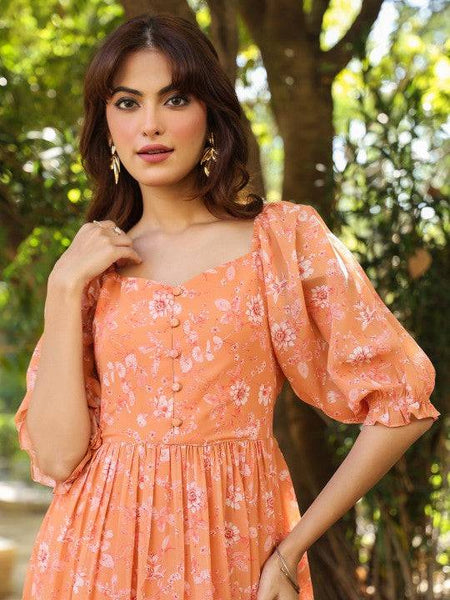Women Orange Georgette Floral Printed Tiered Dress Indian Fusion Dress VitansEthnics