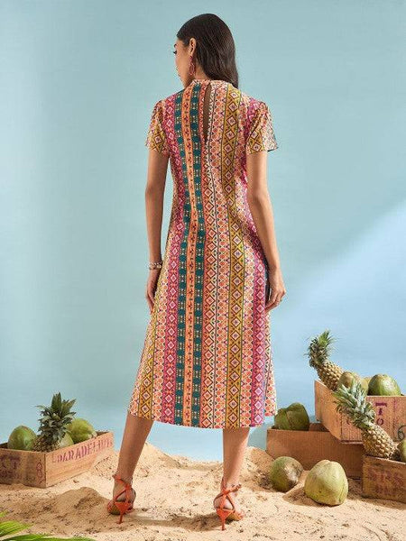 Floral Print Choker Neck A-Line Dress Indian Fusion Dress VitansEthnics