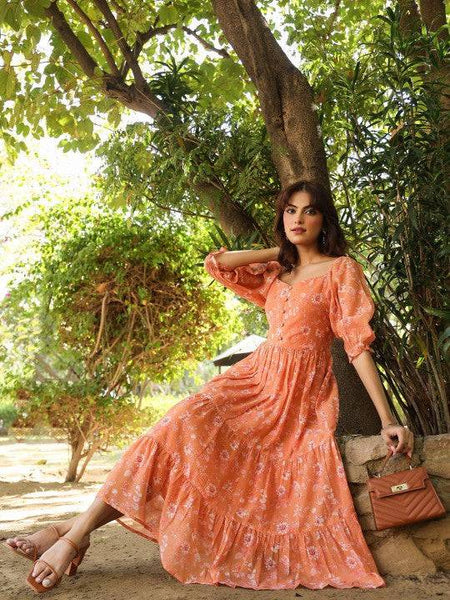 Women Orange Georgette Floral Printed Tiered Dress Indian Fusion Dress VitansEthnics