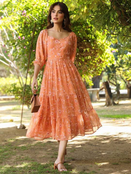 Women Orange Georgette Floral Printed Tiered Dress Indian Fusion Dress VitansEthnics
