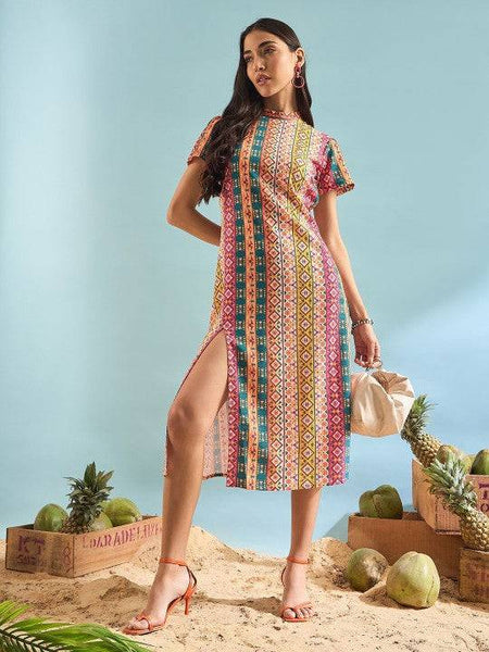 Floral Print Choker Neck A-Line Dress Indian Fusion Dress VitansEthnics