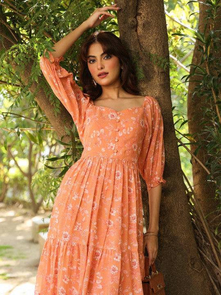 Women Orange Georgette Floral Printed Tiered Dress Indian Fusion Dress VitansEthnics