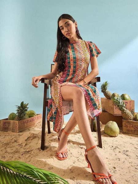 Floral Print Choker Neck A-Line Dress Indian Fusion Dress VitansEthnics