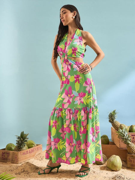 Women Floral Printed A-Line Maxi Dress Indian Fusion Dress VitansEthnics