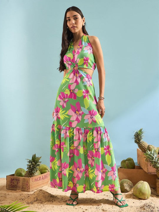 Women Floral Printed A-Line Maxi Dress Indian Fusion Dress VitansEthnics