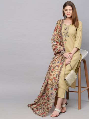 Women Beige Floral Yoke Design Straight Kurta with Trousers & With Dupatta