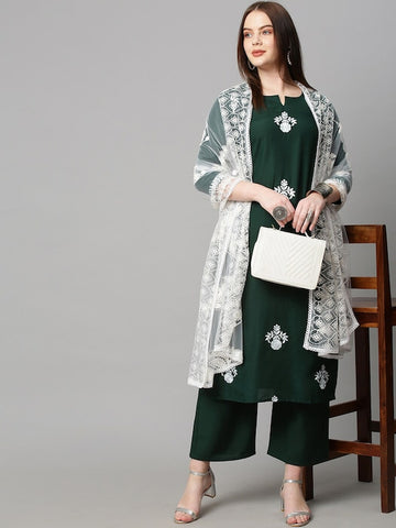 Women Green Ethnic Motifs Embroidered Thread Work Kurta with Palazzo & Dupatta