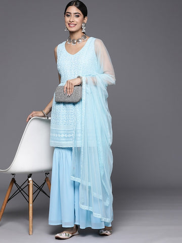 Copy of Women Striped Sweetheart Neck Sequined Tie-Up Straight Kurta with Sharara & Dupatta VitansEthnics