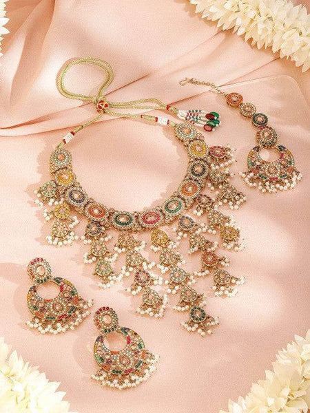 22K Gold-Plated Multicolor Kundan & Cubic Zirconia Studded Bridal Jewelry Set VitansEthnics