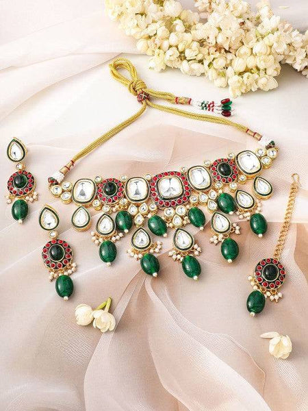 Women Gold-Plated Kundan & Green Beaded Choker Necklace Set with Red Stone Accents VitansEthnics