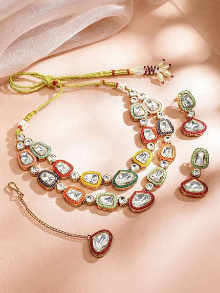 24K Gold-Plated Kundan Studded Layered Jewellery Set With Maang Tikka VitansEthnics