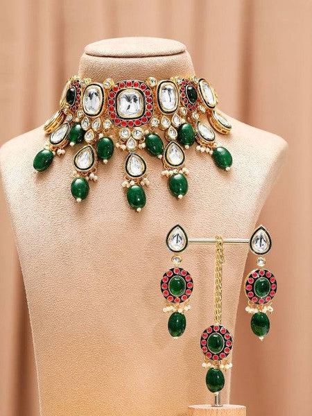 Women Gold-Plated Kundan & Green Beaded Choker Necklace Set with Red Stone Accents VitansEthnics