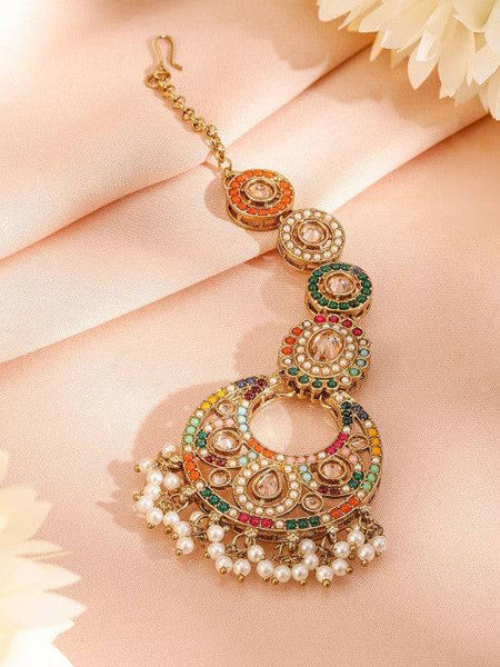 22K Gold-Plated Multicolor Kundan & Cubic Zirconia Studded Bridal Jewelry Set VitansEthnics