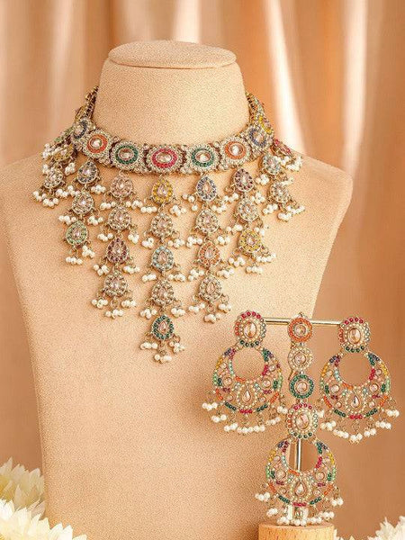 22K Gold-Plated Multicolor Kundan & Cubic Zirconia Studded Bridal Jewelry Set VitansEthnics