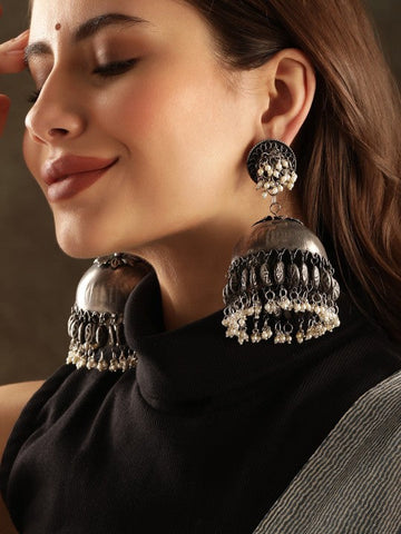 Oxidised Silver-Plated Antique Black & White Pearl Beaded Dome-Shaped Big Jhumkas VitansEthnics