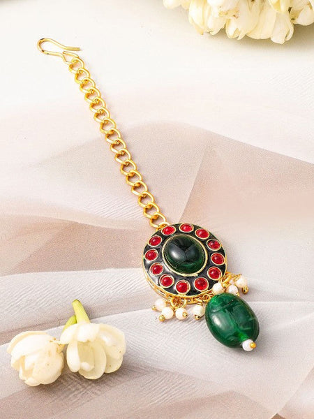 Women Gold-Plated Kundan & Green Beaded Choker Necklace Set with Red Stone Accents VitansEthnics
