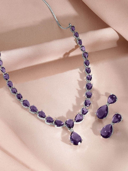 Women Rhodium-Plated Amethyst Purple AD & Cubic Zirconia Studded Necklace Set VitansEthnics