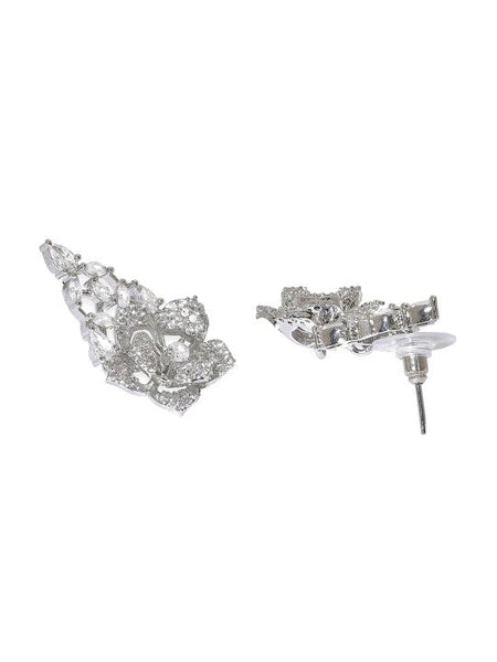 Women Rhodium-Plated AD-Studded Floral Motifs Detail Necklace & Earrings VitansEthnics