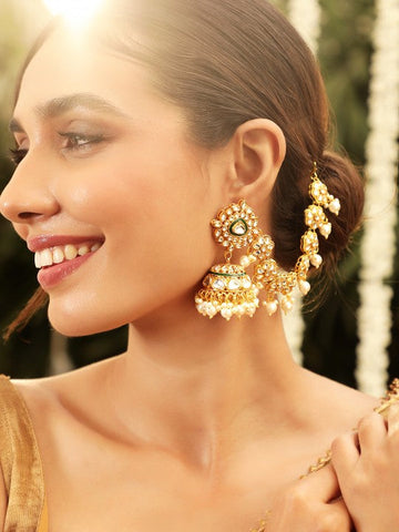 Gold Plated Kundan Crystal Kan Chain Earrings with Pearls & Green Enamel Detail VitansEthnics