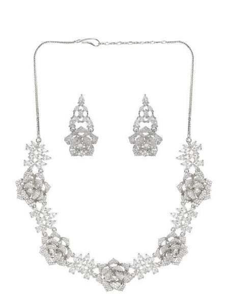 Women Rhodium-Plated AD-Studded Floral Motifs Detail Necklace & Earrings VitansEthnics