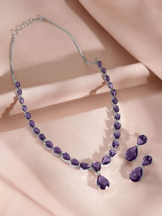 Women Rhodium-Plated Amethyst Purple AD & Cubic Zirconia Studded Necklace Set VitansEthnics