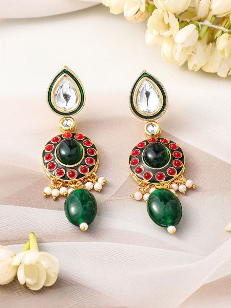 Women Gold-Plated Kundan & Green Beaded Choker Necklace Set with Red Stone Accents VitansEthnics