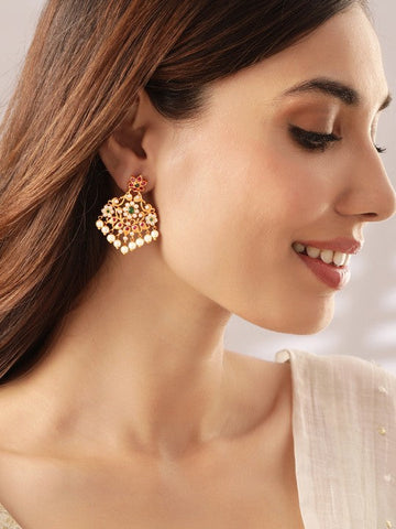Gold Plated Ruby & Emerald Studded Flower Design Drop Earrings with Pearl Drops VitansEthnics