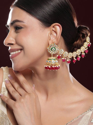 Gold-Plated Kundan Kan Chain Earrings with Red Beads & Green Enamel Detailing VitansEthnics