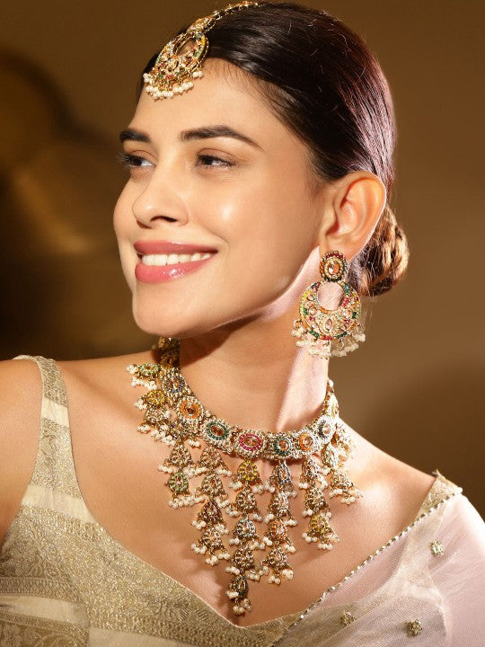 22K Gold-Plated Multicolor Kundan & Cubic Zirconia Studded Bridal Jewelry Set VitansEthnics