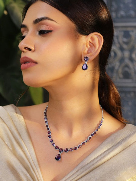 Women Rhodium-Plated Amethyst Purple AD & Cubic Zirconia Studded Necklace Set VitansEthnics