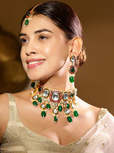 Women Gold-Plated Kundan & Green Beaded Choker Necklace Set with Red Stone Accents VitansEthnics