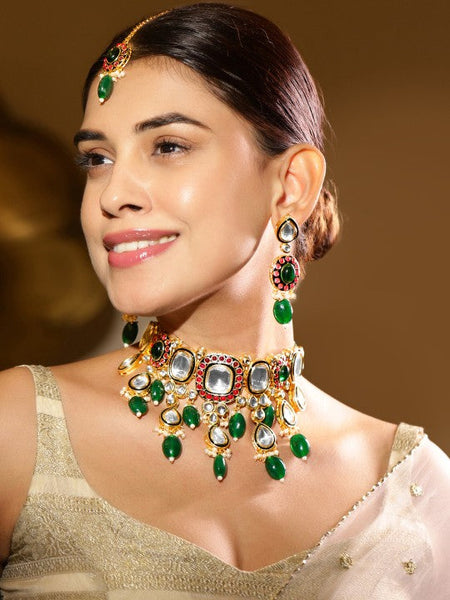 Women Gold-Plated Kundan & Green Beaded Choker Necklace Set with Red Stone Accents VitansEthnics
