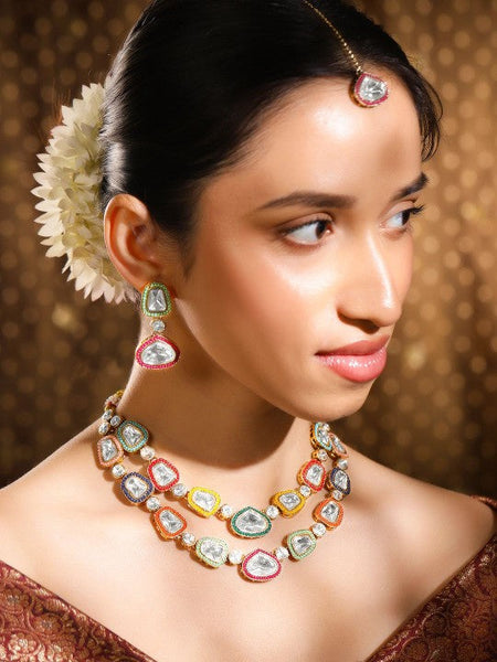 24K Gold-Plated Kundan Studded Layered Jewellery Set With Maang Tikka VitansEthnics